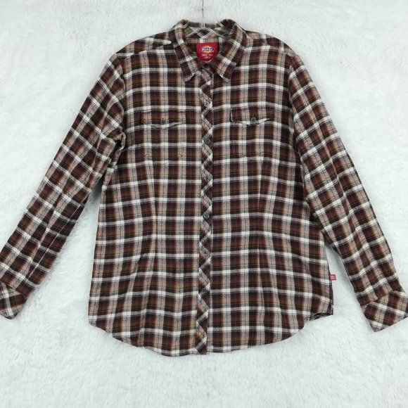 Dickies Womens Flannel Shirt Brown Plaid‎ Long Sleeve Button Collar Pockets L - Picture 1 of 7